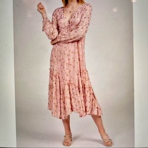 FREE PEOPLE Celina Pink Dress M Maxi w/ V- neck Long Sleeves Tassels Sequins NEW